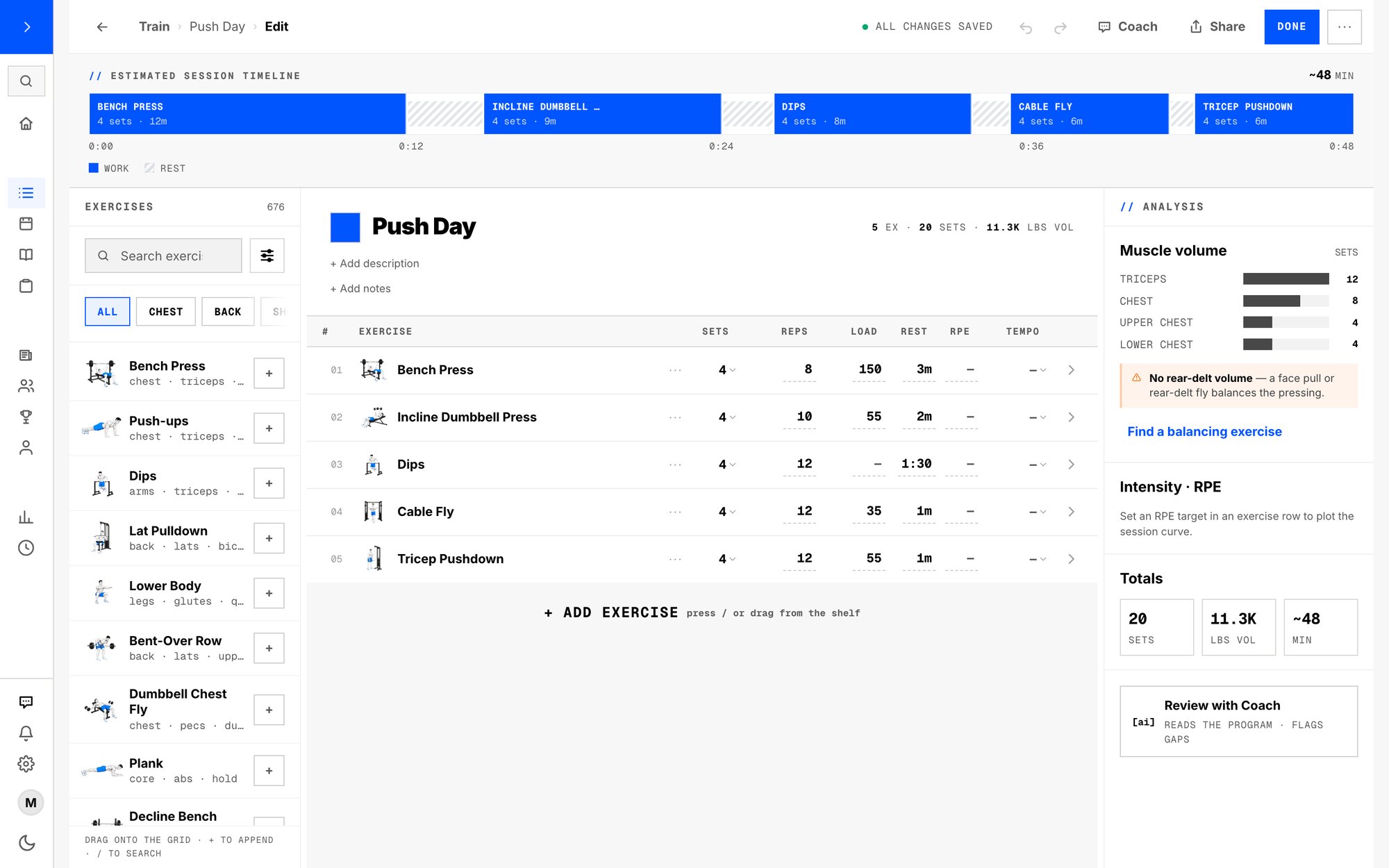 The web builder: the session timeline, the exercise shelf, a grid of sets, reps, load, rest and RPE, and live muscle volume